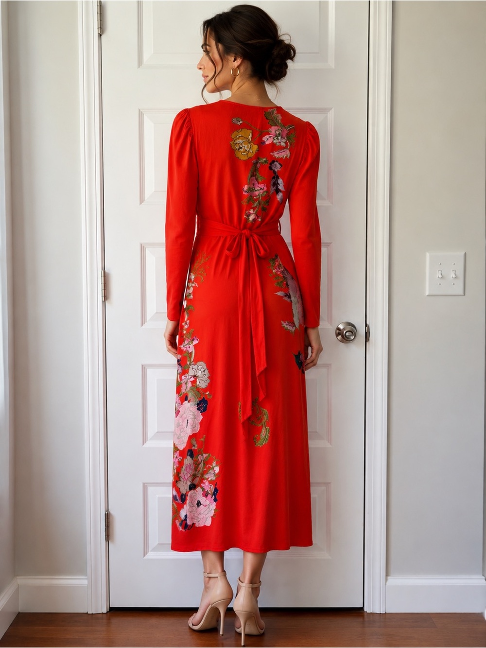 ASOS Red Floral Wrap Midi Dress with Long Sleeves - Picture 2 of 7